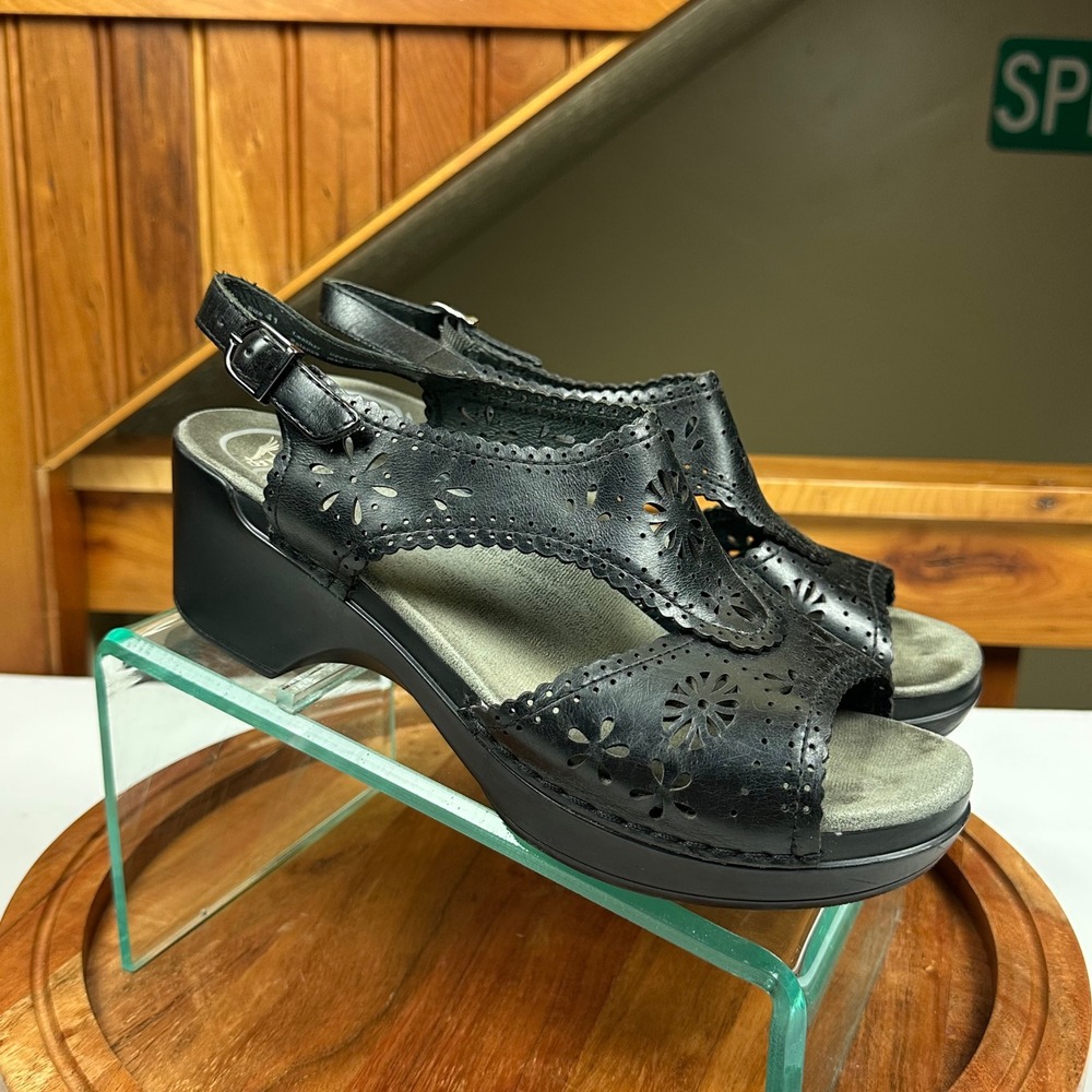 Dansko Women Black Leather Laser Cut Floral Wedge Sandals Size 41 US 10.5-11